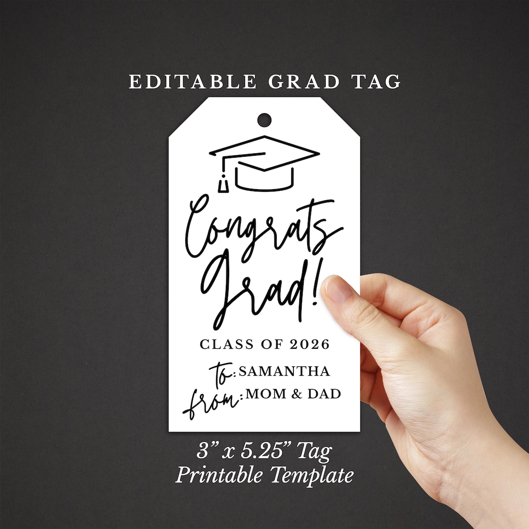 Graduation Gift Tag Template, Printable Grad Tag 3x5.25, Class of 2026 ...