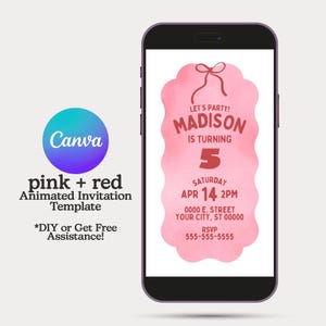 Pink Bow Animated Invitation, Cute Digital Invitation Download