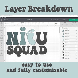 Op de afbeelding: Een computerscherm met een ontwerp voor een NICU SQUAD-shirt. Het ontwerp is in een retro-lettertype en bevat een hart en een voetafdruk. Het ontwerp is gelaagd en kan worden aangepast.