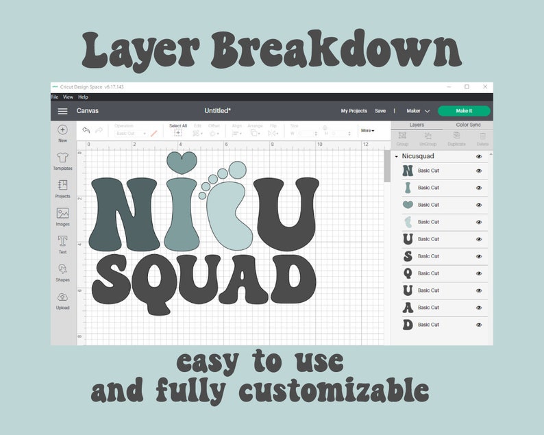 Op de afbeelding: Een computerscherm met een ontwerp voor een NICU SQUAD-shirt. Het ontwerp is in een retro-lettertype en bevat een hart en een voetafdruk. Het ontwerp is gelaagd en kan worden aangepast.