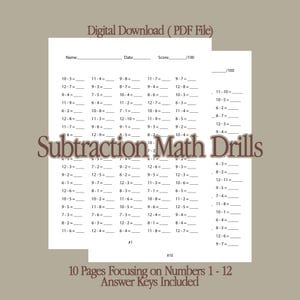 Subtraction Math Drill Worksheets, Subtraction Math Practice
