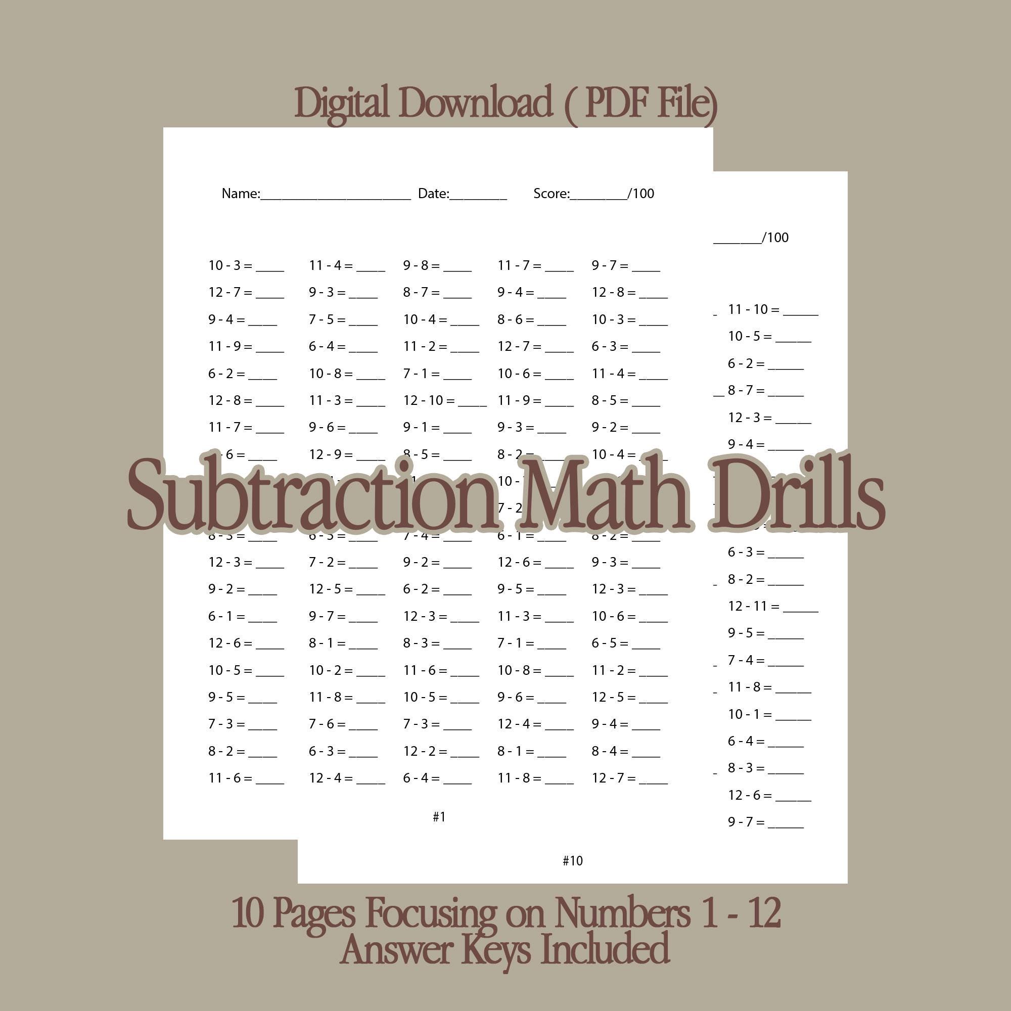 Subtraction Math Drill Worksheets, Subtraction Math Practice - Etsy