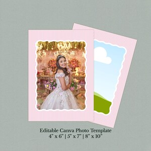 May include: Two pink striped photo templates with scalloped edges. One displays a woman in a formal gown, the other a landscape. Text at the bottom reads: Editable Canva Photo Template 4" x 6" | 5" x 7" | 8" x 10".