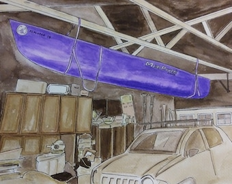 The Purple Canoe No.4, Watercolor Fine Art Print, Rustic Decor, Cabin Decor, Lake House
