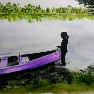 The Purple Canoe No.6, Watercolor Fine Art Print, Rustic Decor, Cabin Decor, Lake House