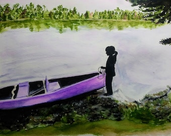 The Purple Canoe No.6, Watercolor Fine Art Print, Rustic Decor, Cabin Decor, Lake House