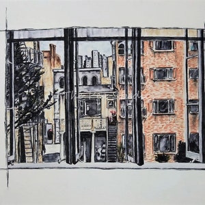 Hof, hinter Fenster, Alfred Hitchcock, 8x10 Fine Art PRINT, Aquarell Zeichnung, Ohne Rahmen