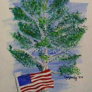Aspen Tree with American Flag, Giclee Art Print, Watercolor, Unframed