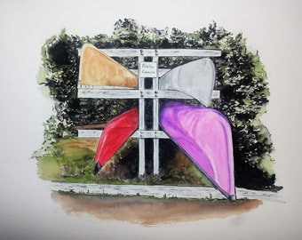The Purple Canoe No.3, Watercolor Fine Art Print, Rustic Decor, Cabin Decor, Lake House