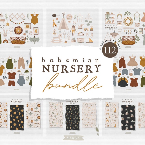 Boho nursery bundle Boho baby shower clipart Papier numérique pour bébé Gender neutral baby clipart png Vêtements pour enfants clipart Utilisation commerciale