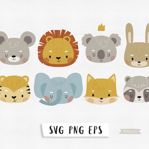 Safari animal svg Boho baby animals clipart png Animal face svg file for cricut Tiger svg Lion Fox Bunny svg Nursery prints Commercial use