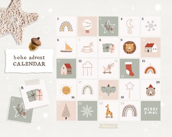Christmas countdown printable advent calendar, Boho Christmas advent calendar, Kids calendar, Christmas countdown tags or cards clipart