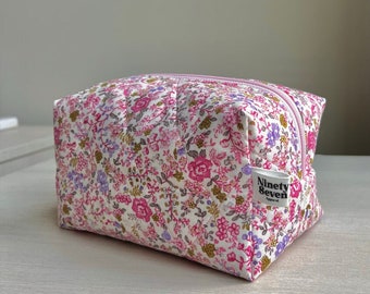 Pink Quilted Makeup Bag, Floral Makeup Bag, Floral Quilted Bag, Cotton Cosmetic Bag, Quilted Skincare Bag, Gifts For Her