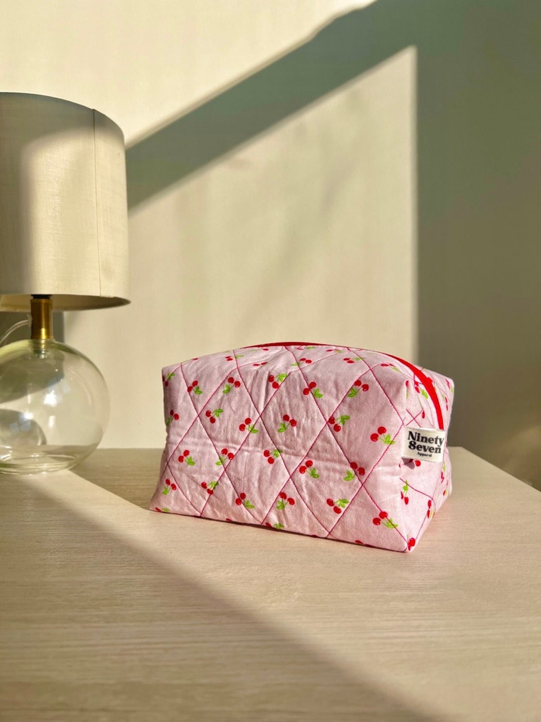 Cherry Quilted Makeup Bag, Floral Makeup Bag, Floral Quited Bag, Cotton ...