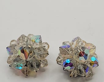 Vintage Mid-Century Crystal Rhinestone Beaded Clip on Earrings