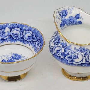 Paragon 1950&#39;s England HM Queen Mary cobalt blue roses bone china open sugar bowl & creamer, dining serving, sugar bowl creamer set, china