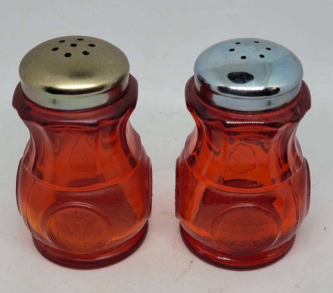 Vintage Fostoria Ruby Red Coin Design Glass USA Made Salt Pepper Shaker ...