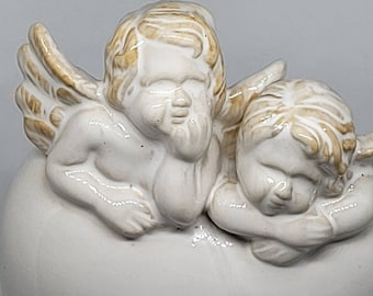 Vintage porcelain heart shape cherubs vase, home decor, home living, vase, vases, cherubs, cherub angel vase, table vase, shabby chic, gifts