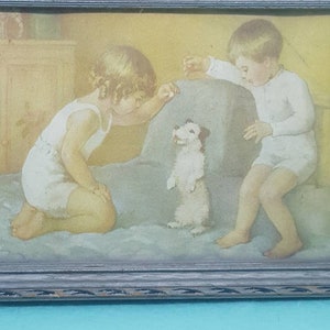 Vintage, framed art, vintage framed picture, children dog photo, happiness, hand framed picture, art, wall hanging, wall picture, framed art