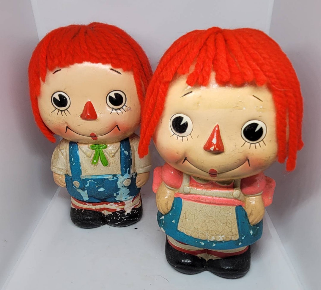 Antique 1950s Japan Raggedy Ann & Andy Ceramic Yarn Hair Piggy