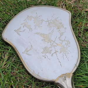 Vintage 19th century etched silver vanity hand mirror bird design, vintage hand mirrors, mirrors, vanity mirror, etched metal hand mirror