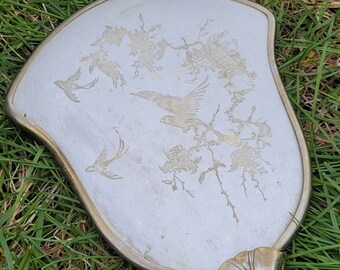 Vintage 19th century etched silver vanity hand mirror bird design, vintage hand mirrors, mirrors, vanity mirror, etched metal hand mirror