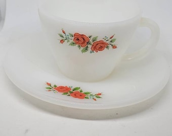 Vintage 1950s anchor hocking glass fire king pink roses tea cup saucer set, anchor hocking, coffee cups, tea cups, cup saucer set, fire king