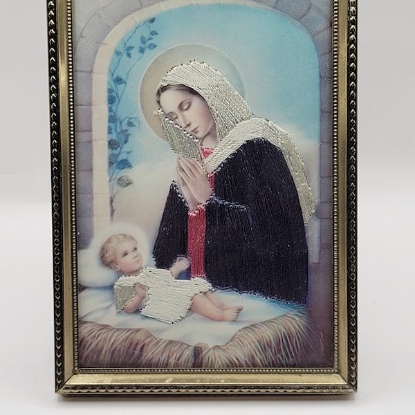 Vintage Embroidered Mother Mary with Baby Jesus Tabletop Mixed Media Art