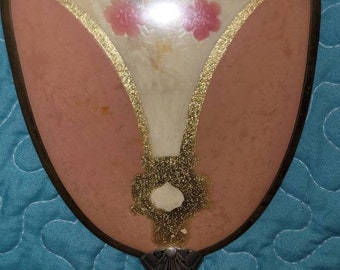 Antique art deco style handheld mirror flowers and gold accents, beauty, bath, mirrors, hand mirror, mirror,  antique vanity mirror, vintage