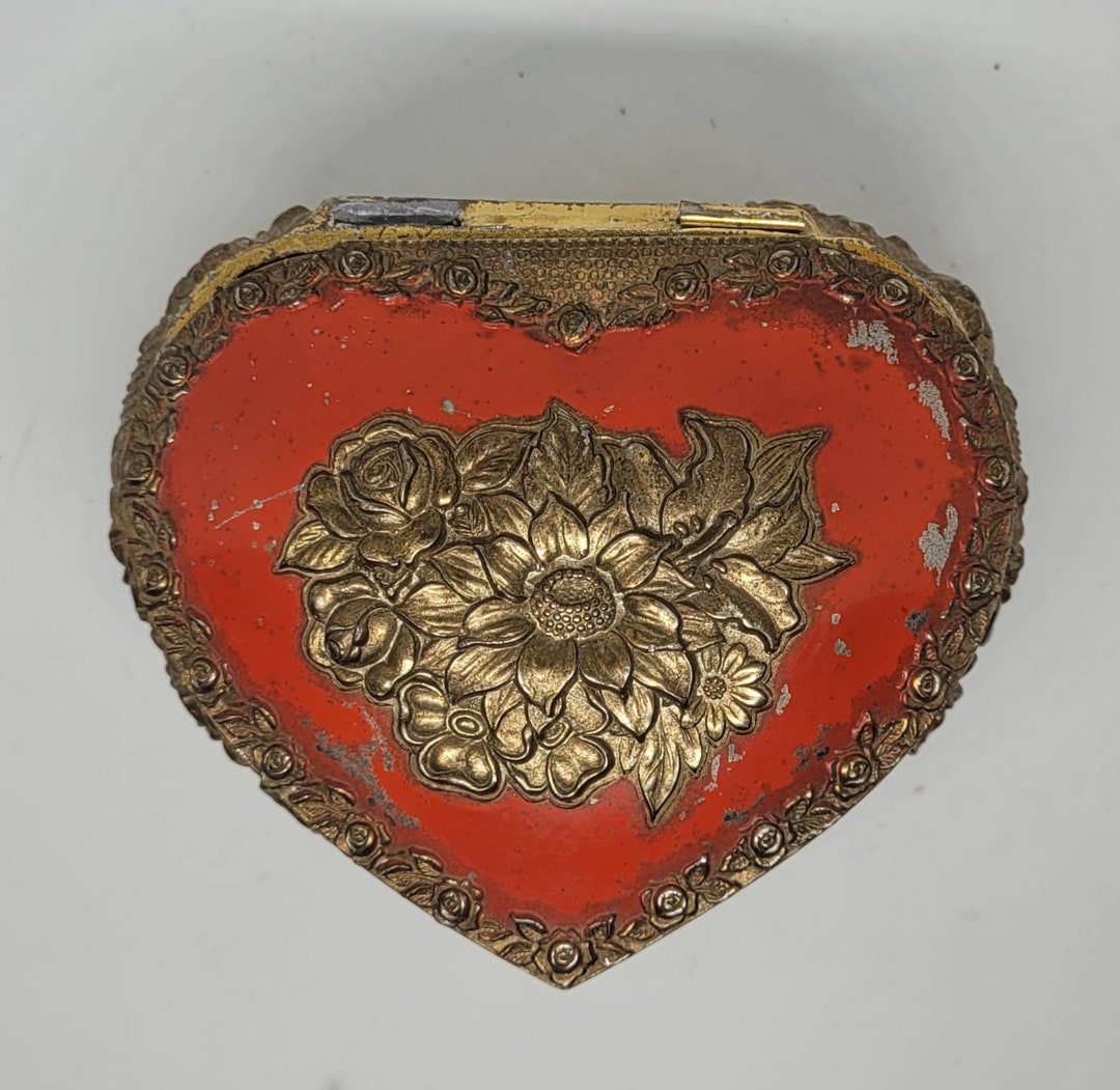 Vintage Brass Jewelry Box, With Rose Flowers, Heart Box, Jewelry