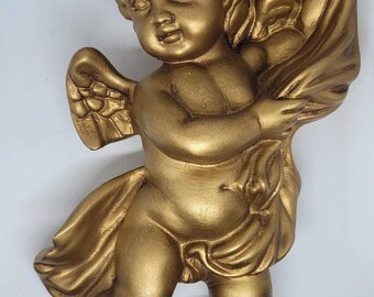 Vintage homco gold molded resin wall cherub hanging, wall art, wall decor, home decor, cherub angel, cherubs, vintage decor, homco, cherub