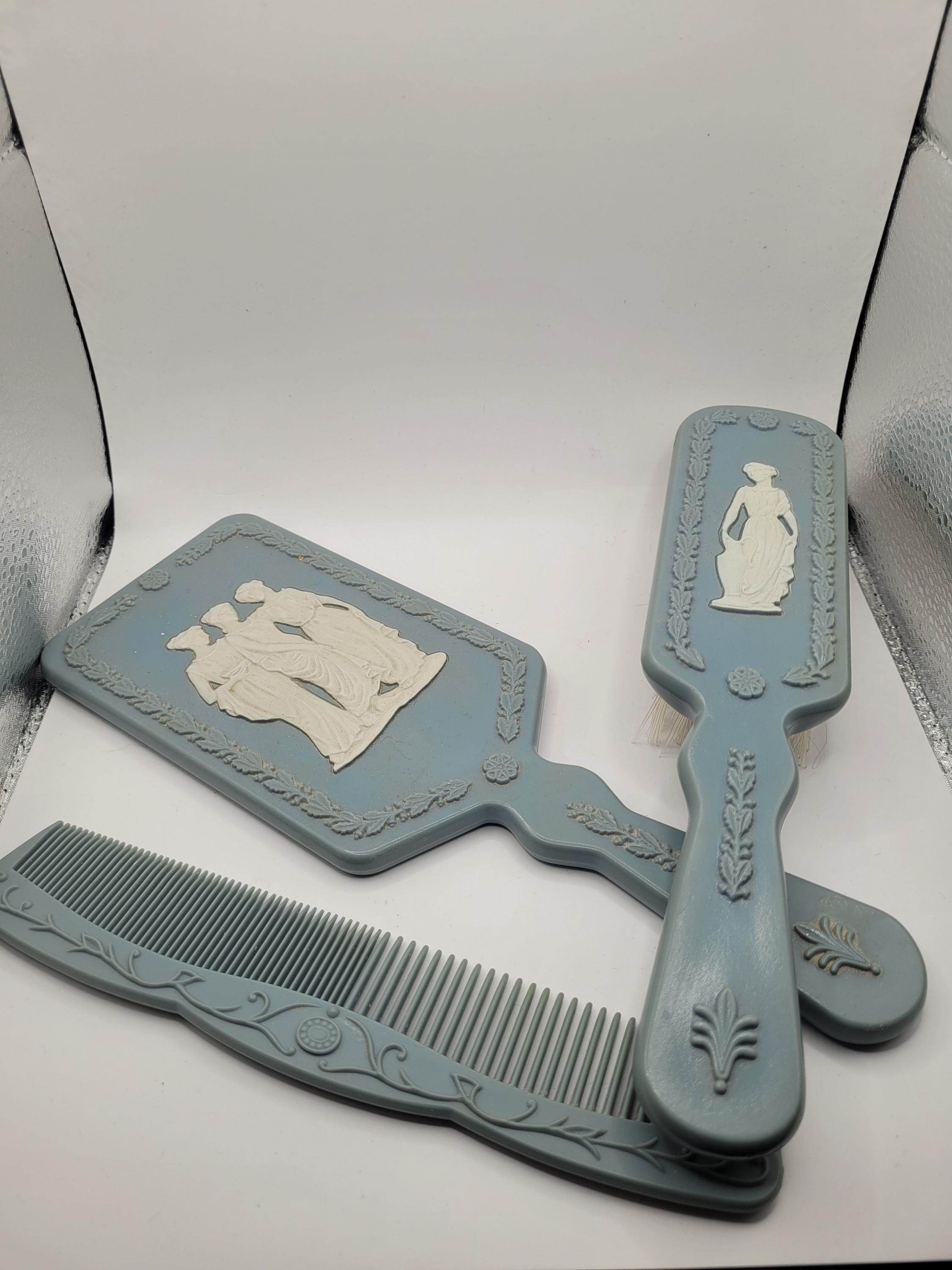 Vintage 1970's AVON Brush Comb Hand Mirror Set Wedgewood Blue Hair
