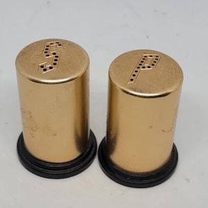 Vintage 1950&#39;s MCM aluminum bronze and black plastic mini salt and pepper shaker set, kitchen, dining serving, salt pepper shakers, vintage