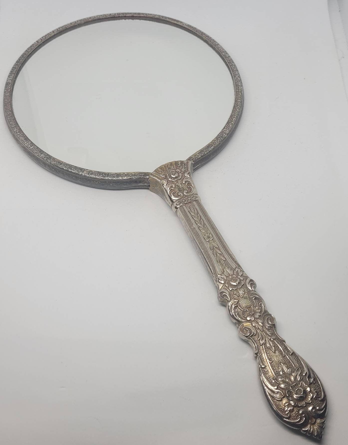 Vintage Silver Victorian Handheld Double Sided Mirror, Heavy Art