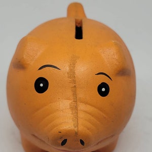 Vintage 1950s orange ceramic piggy bank, piggy bank, pig bank, pigs, banks, money bank, coin bank, home decor, vintage, collectibles, piggy