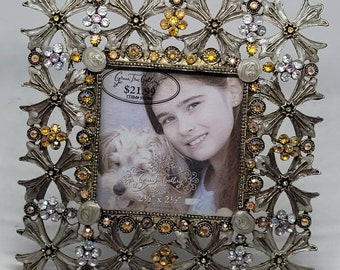 Vintage ornate rhinestone floral table top picture frame, home decor, vintage, photo frames, picture frame, frame, metal frames, shabby chic