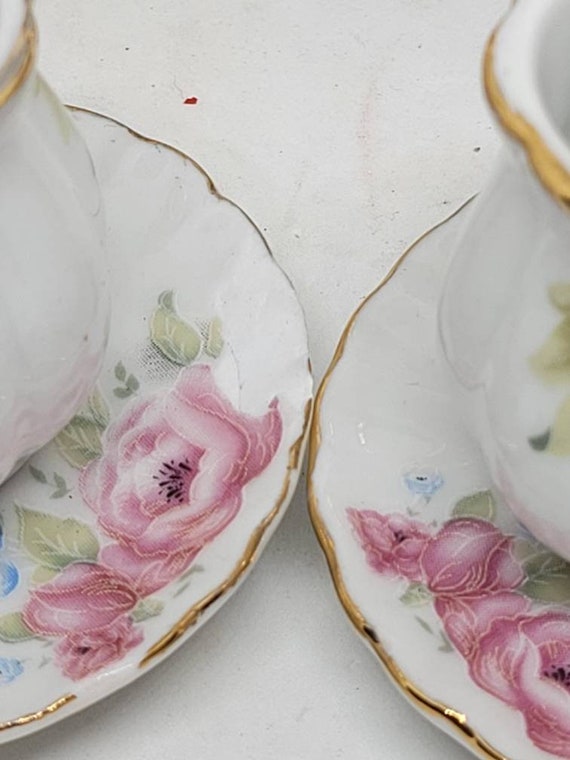Antique Mini 7 Pc Rose Gold Trim Porcelain Tea Set, Tea Cups