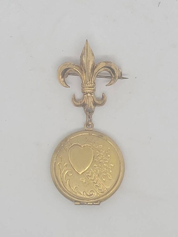 Antique 1930s Fleur-de-lis locket pin brooch, vint