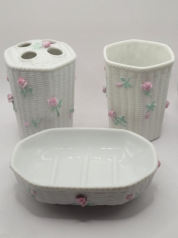 Vintage Bathroom Soap Dish, Toothbrush, and glass Matching White Porcelain with 3D Pink Roses Decor Set