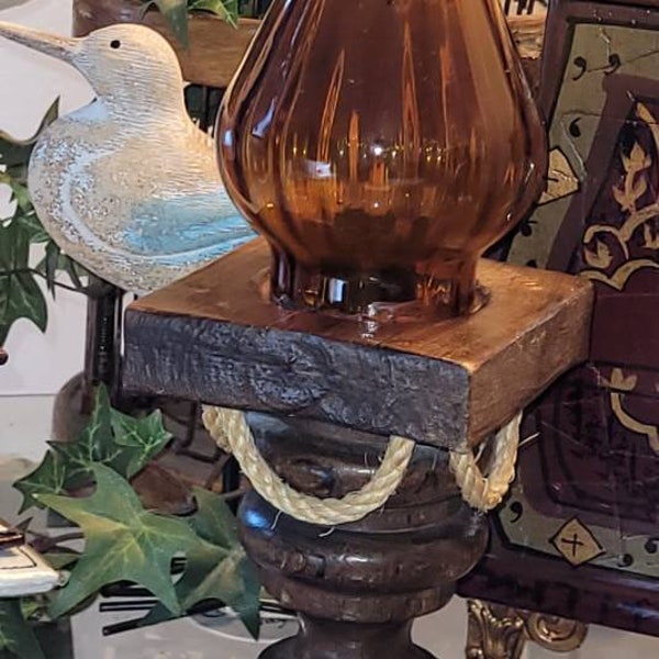 Antique photophore wood amber glass lantern, candle holder, candle holder, antique, vintage, candle holders, lamp, home decor, cabin deco