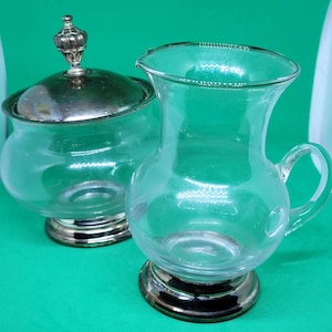 Vintage Mid-Century Clear Glass and Silver Sugar Bowl and Cream Pitcher Set