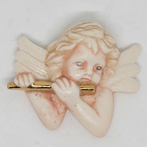 Vintage white gold porcelain cherub angel wall hanging, vintage, cherubs, cherub, angels, music, angel cherub, shabby chic, victorian decor