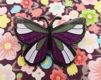 Glitter Hard Enamel Butterfly Pin - Aro-Ace Flag-Inspired Colors