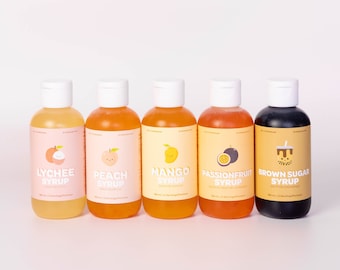 Sirops de thé aux perles | Ingrédients pour faire le parfait bubble tea DIY à la maison | mangue, litchi, pêche, fruit de la passion, cassonade | 5 portions