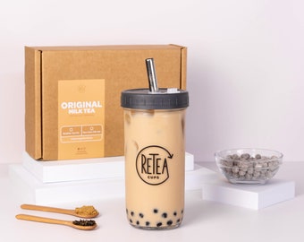 Perfect Surprise Gift for Your Next Gift Exchange Party | Delightfully Quick Classic Milk Tea Bubble Tea Set | 5 Servings with Reusable Cup