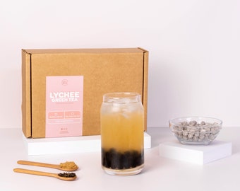 Lychee Fruit Tea Bubble Tea Kit (No Reusable Cup) | 5 Servings | Refreshing lychee fruit green tea drink with fast cook tapioca pearls