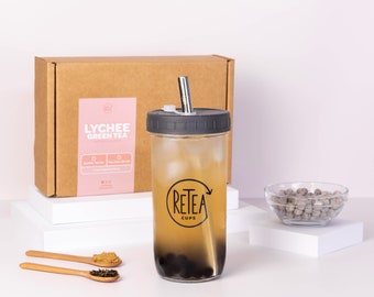 Lychee Fruit Tea Bubble Tea Gift Set With Reusable Cup | 5 Servings | Fruity green tea boba with tapioca topping and stainless steel straw