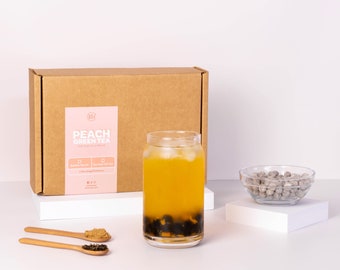 Peach Fruit Tea Bubble Tea Kit (No Reusable Cup) | 5 Servings | Peachy green tea with easy cook boba topping included