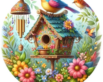 May include: A colourful birdhouse with a blue roof and intricate details, surrounded by flowers and a blue bird perched on the roof. A wind chime hangs above the birdhouse.