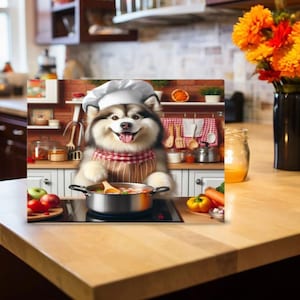Husky Cooking a Pot of Stew 11 inch by  Glass Decorative Cutting Board | Kitchen Decor | Serving Tray | Dog Lover | Chef Hat | Apron